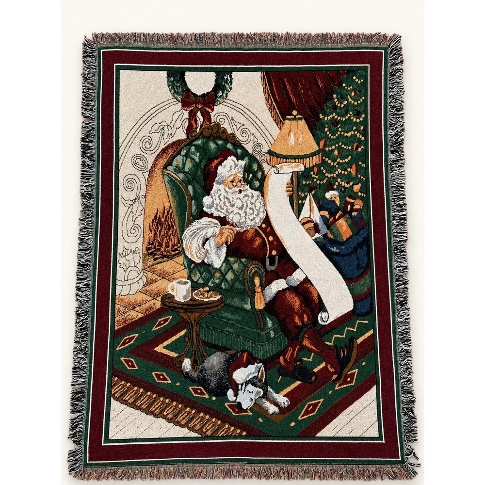 Vintage‎ Santa Christmas Woven Tapestry Throw Blanket Fringe Holiday Husky Cozy